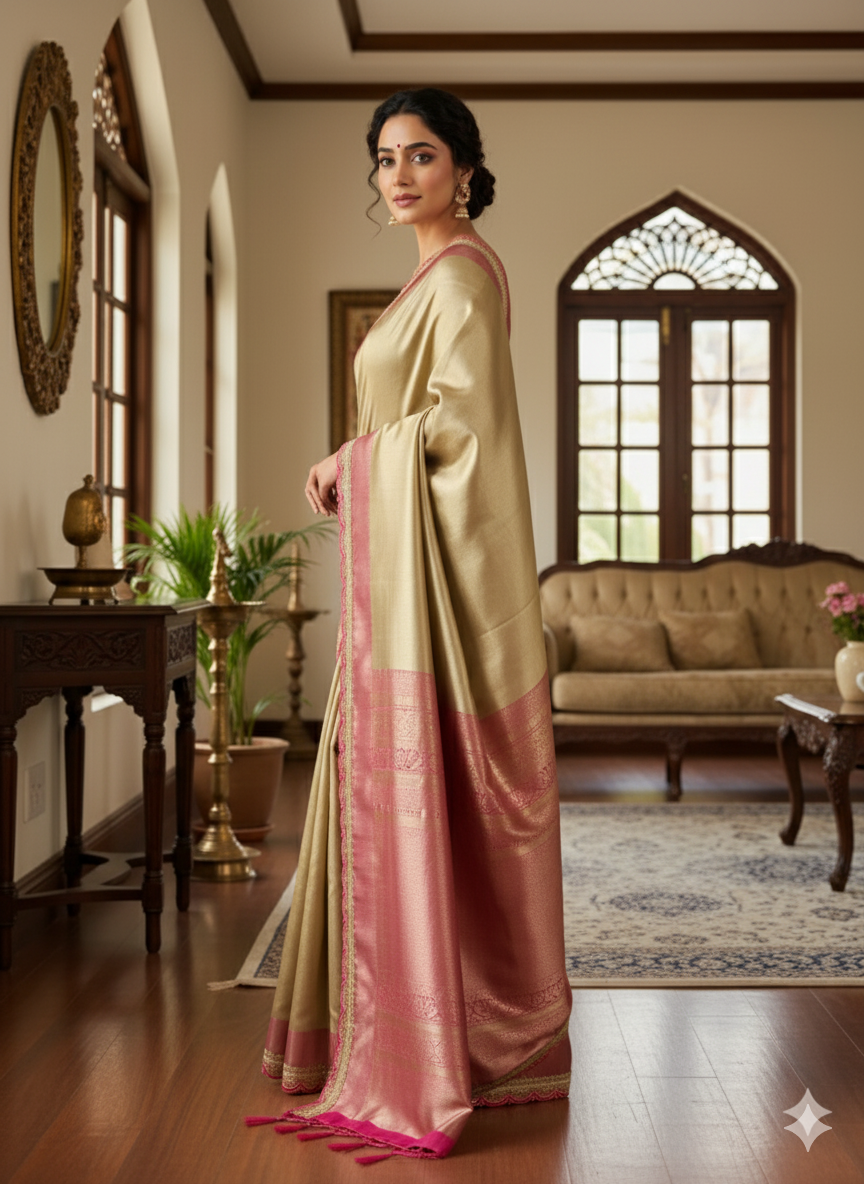 Elegant Beige and Rose Gold Traditional Saree