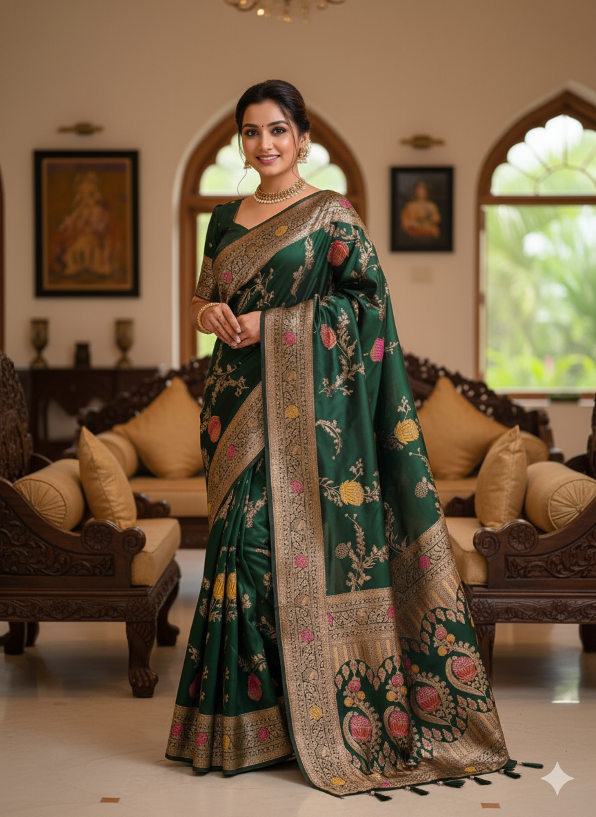 Soft banarsi silk sareewith zari weaving meenakari touchup  rich pallu with meenakari weaving border
