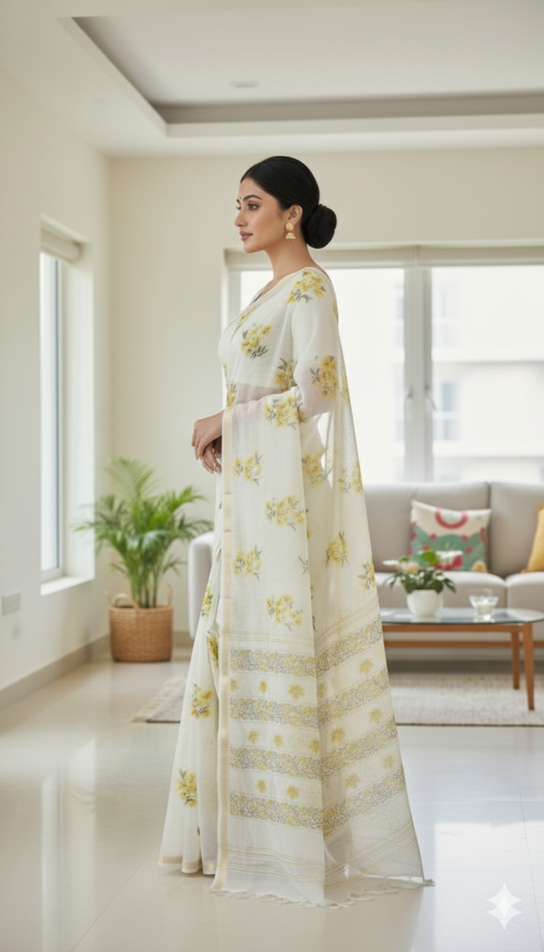 Elegant Yellow Floral Printed Pure Silk Saree