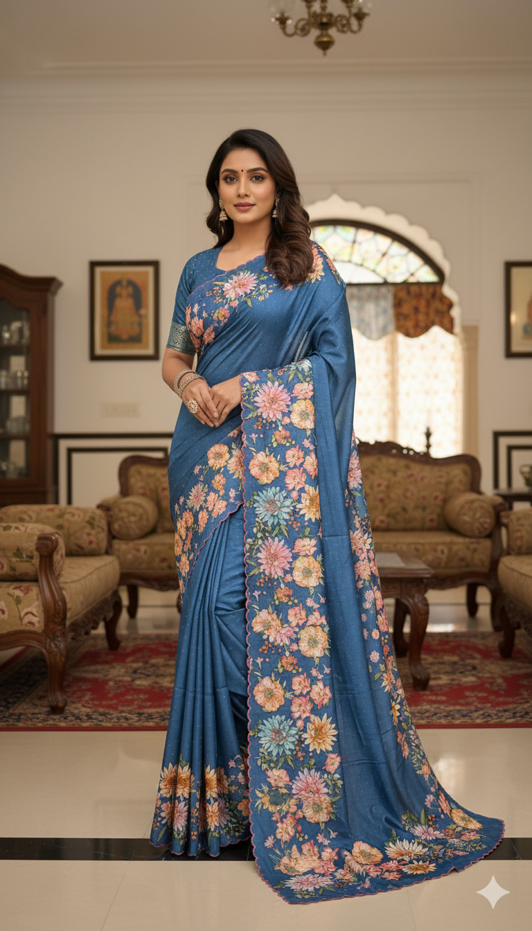 Handloom tussar silk saree with floral digital print and arco border all over saree