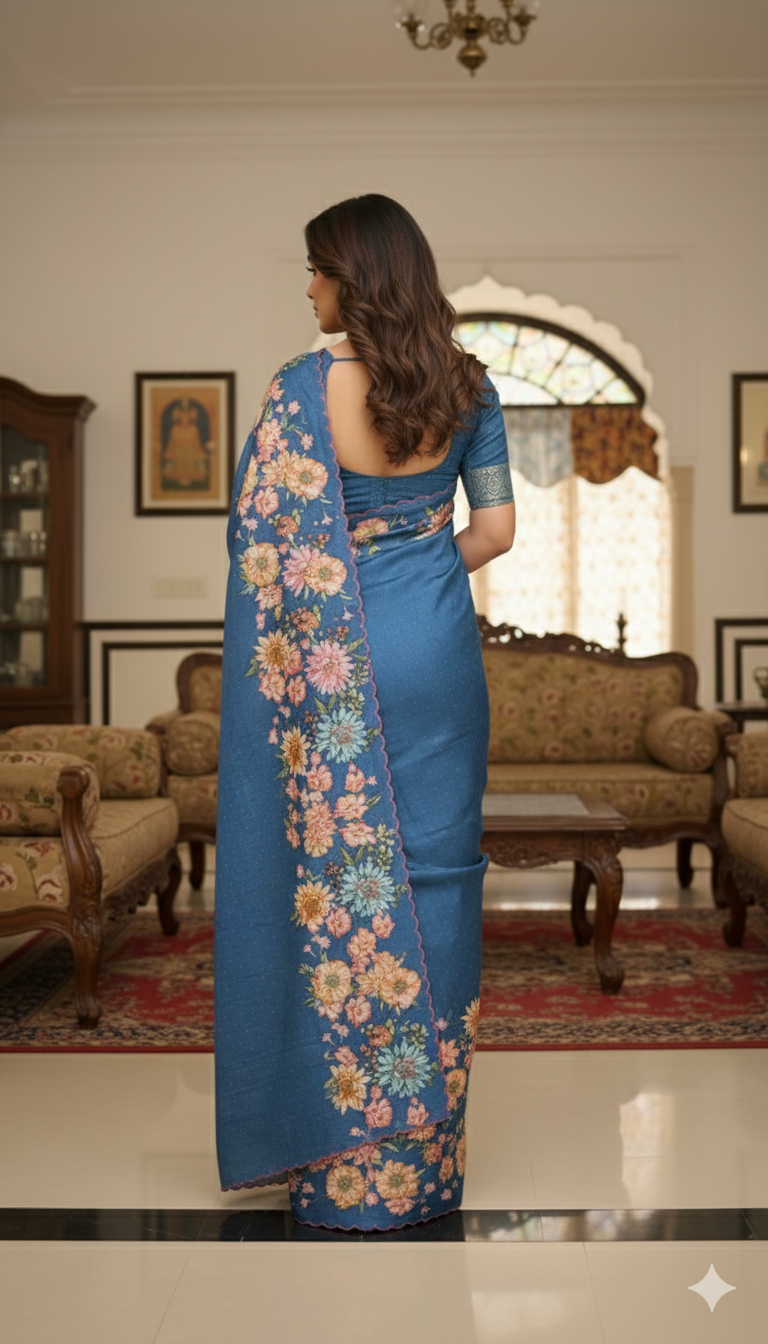 Handloom tussar silk saree with floral digital print and arco border all over saree