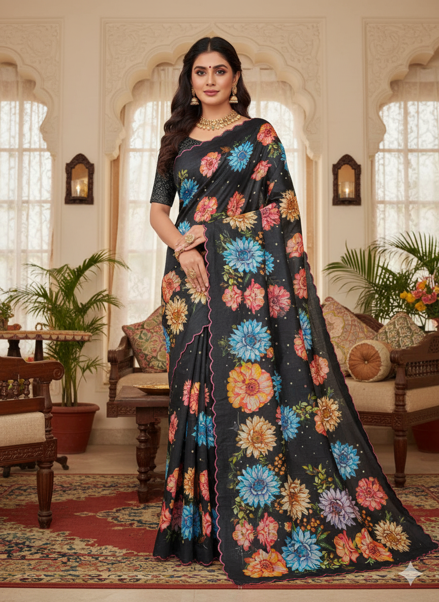 Handloom tussar silk saree with floral digital print and arco border all over saree
