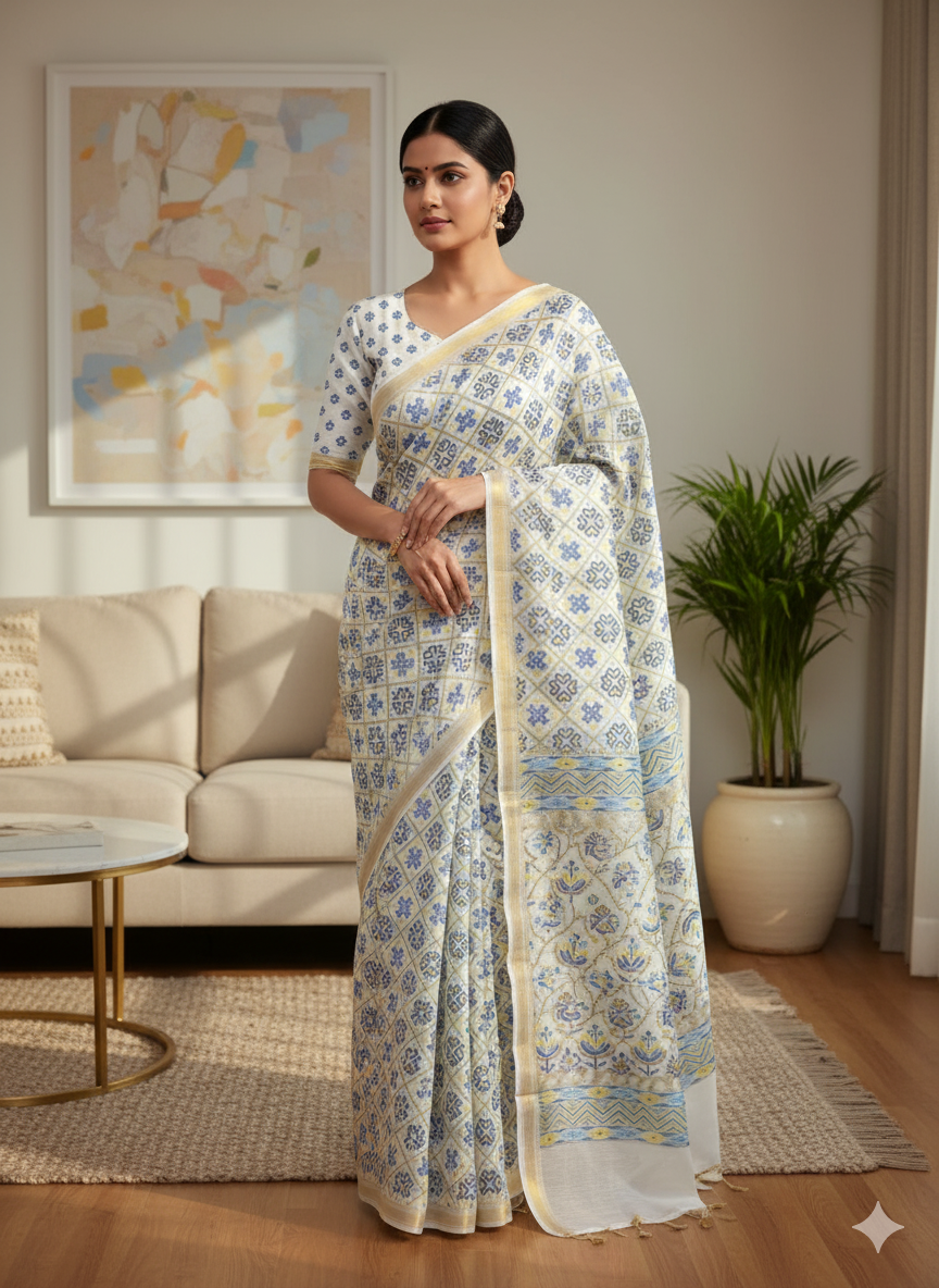 Elegant Blue & White Patola Printed Pure Silk Saree