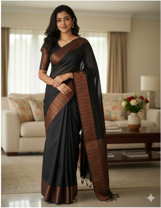 Elegant Black Saree with Copper Zari Border