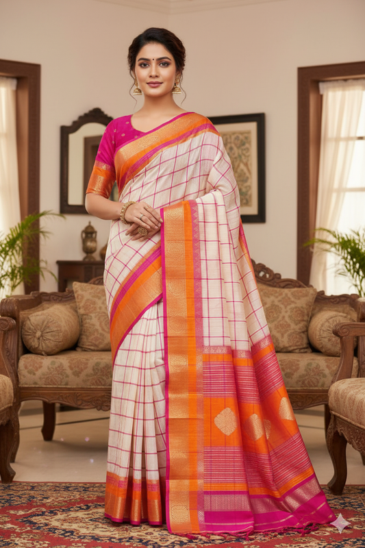 Super soft kota doriya saree with full paithani style jacquard border and chit pallu with contast strips