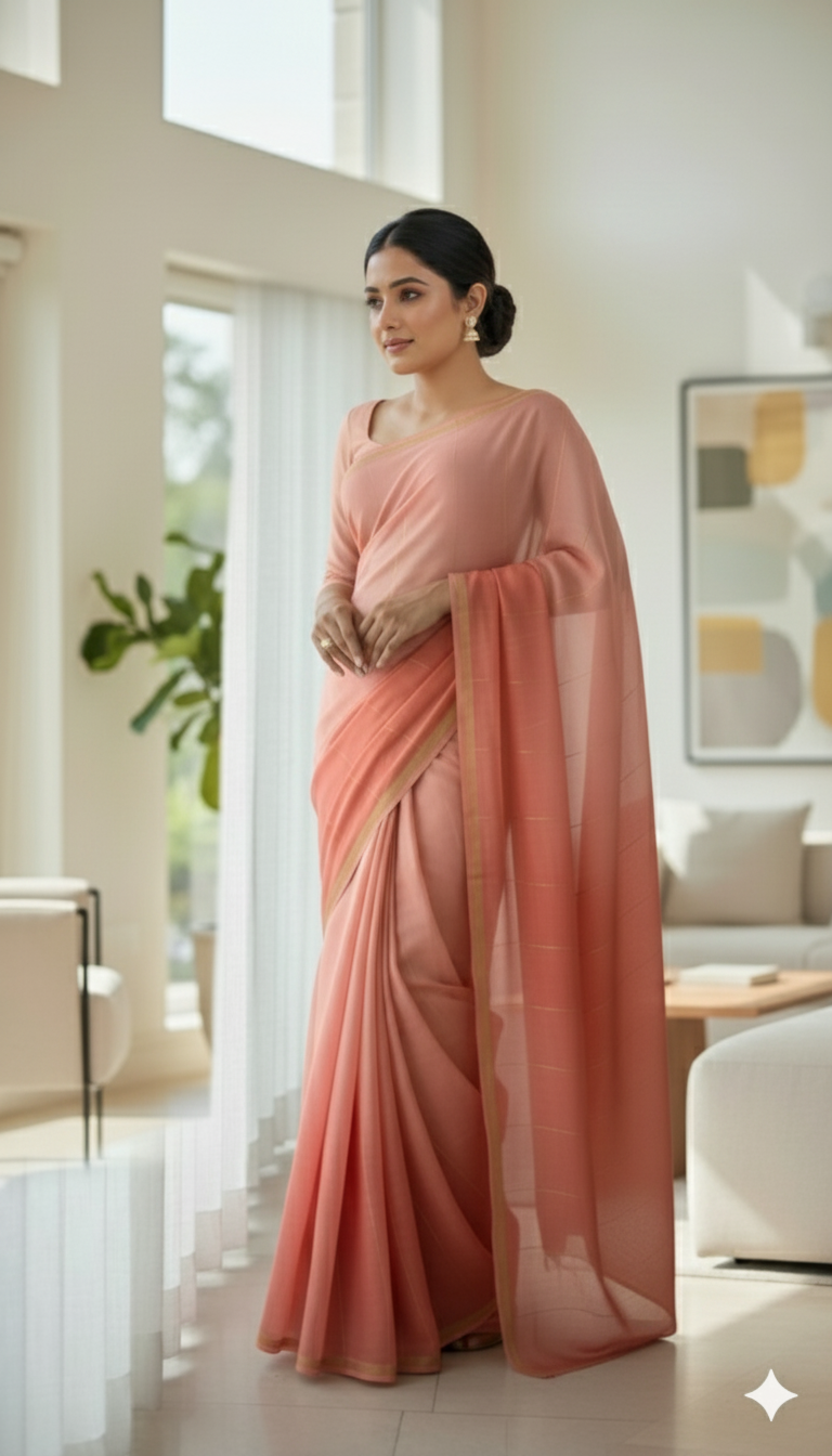 Graceful Peach Pure Silk Saree with Subtle Golden Border