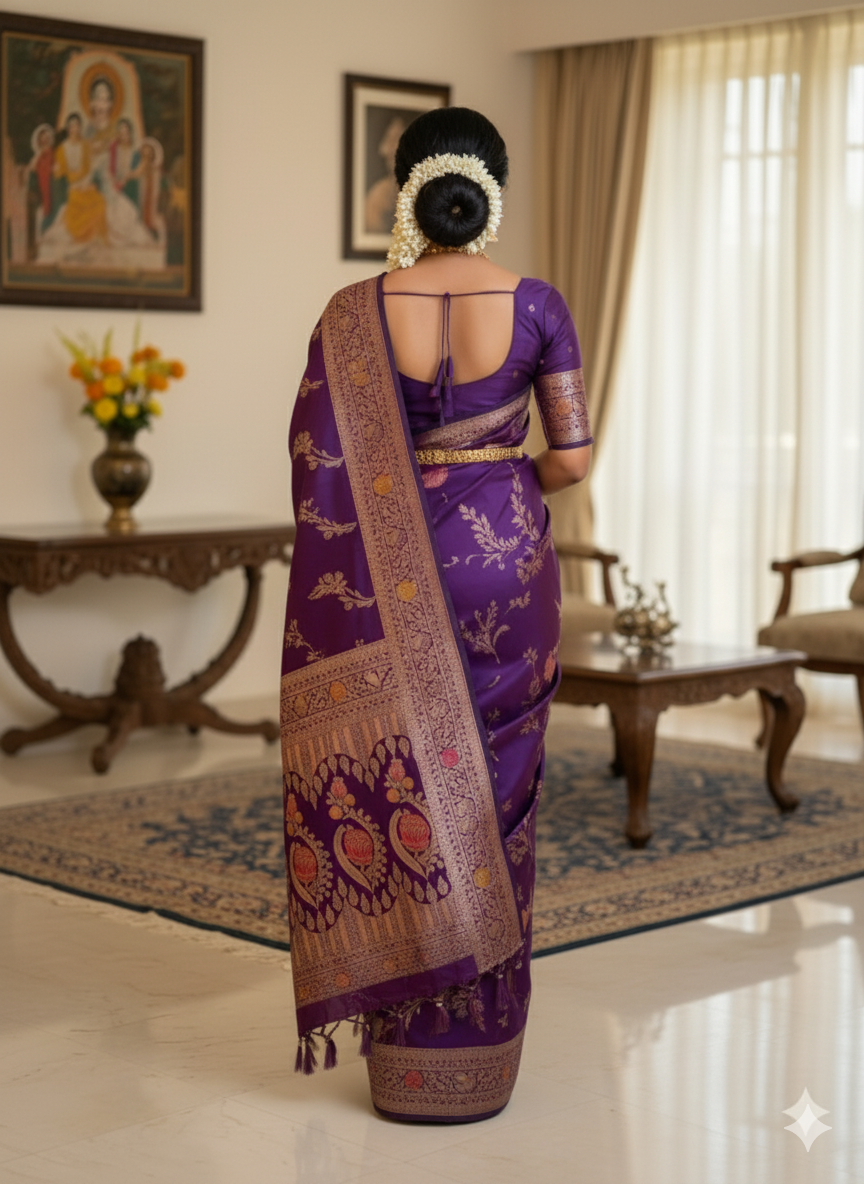 Soft banarsi silk saree with zari weaving meenakari touchup design all over saree rich pallu