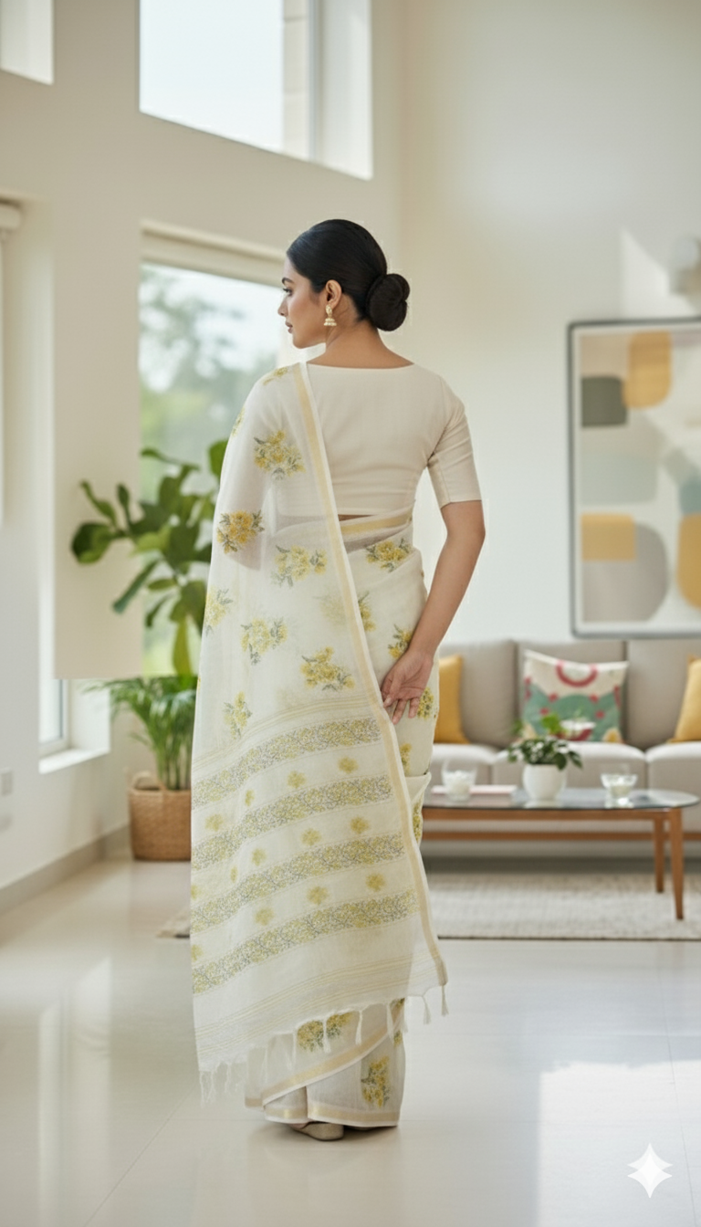 Elegant Yellow Floral Printed Pure Silk Saree