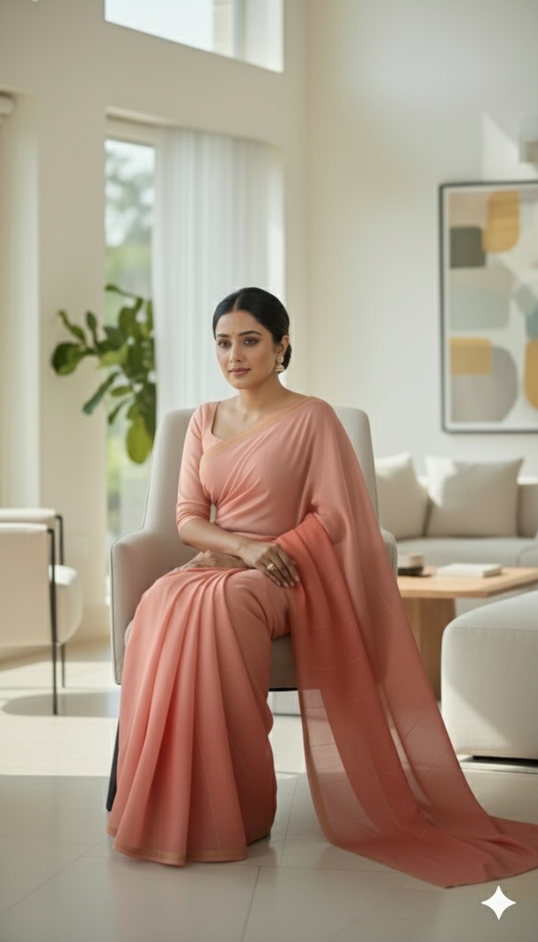 Graceful Peach Pure Silk Saree with Subtle Golden Border