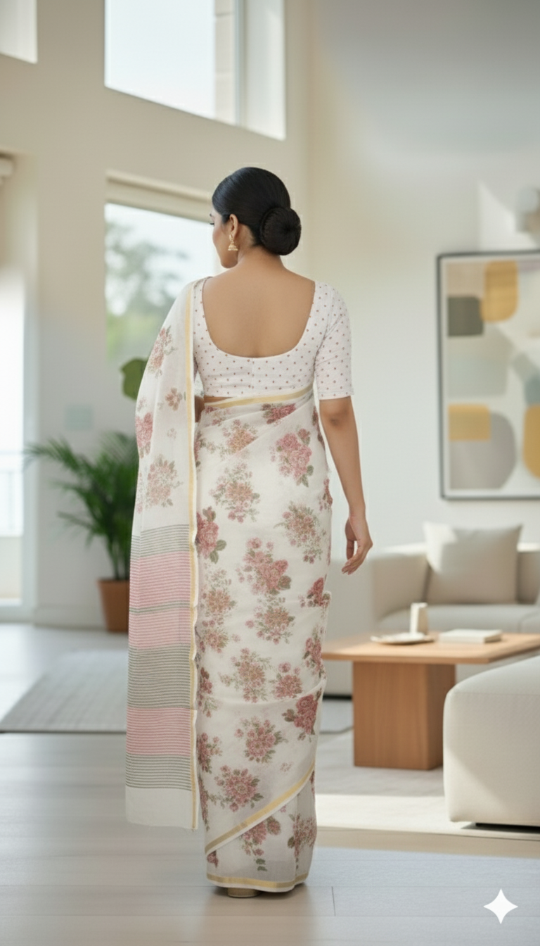 Light-Weight Floral Printed Silk Saree – Cream with Pink Rose Motifs