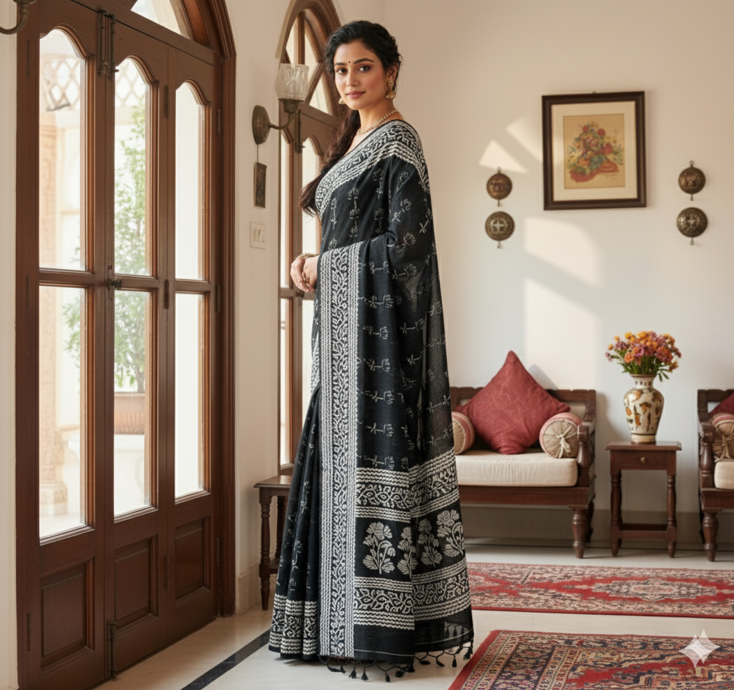 The black colour very smooth and light weight, with super hit  kalamkari,Flower, And Batik design all over saree