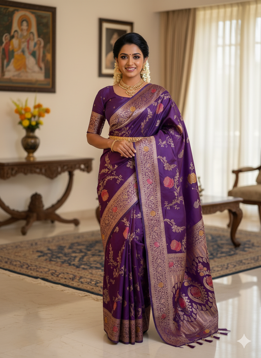 Soft banarsi silk saree with zari weaving meenakari touchup design all over saree rich pallu