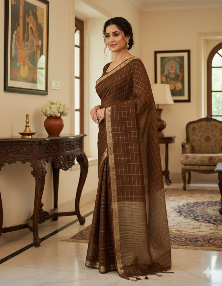 Classic Brown Saree with Golden Border