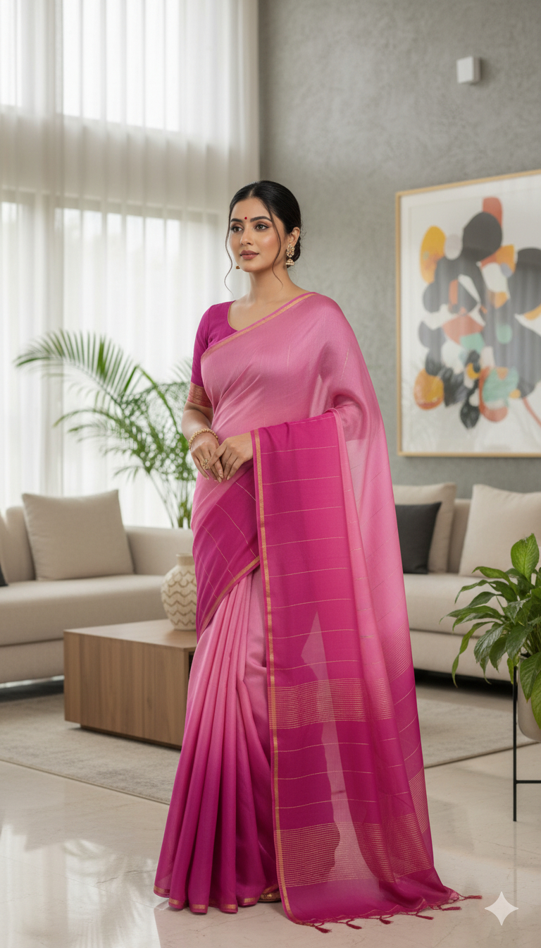 Elegant Double Shaded Pink Pure Silk Saree with Golden Border