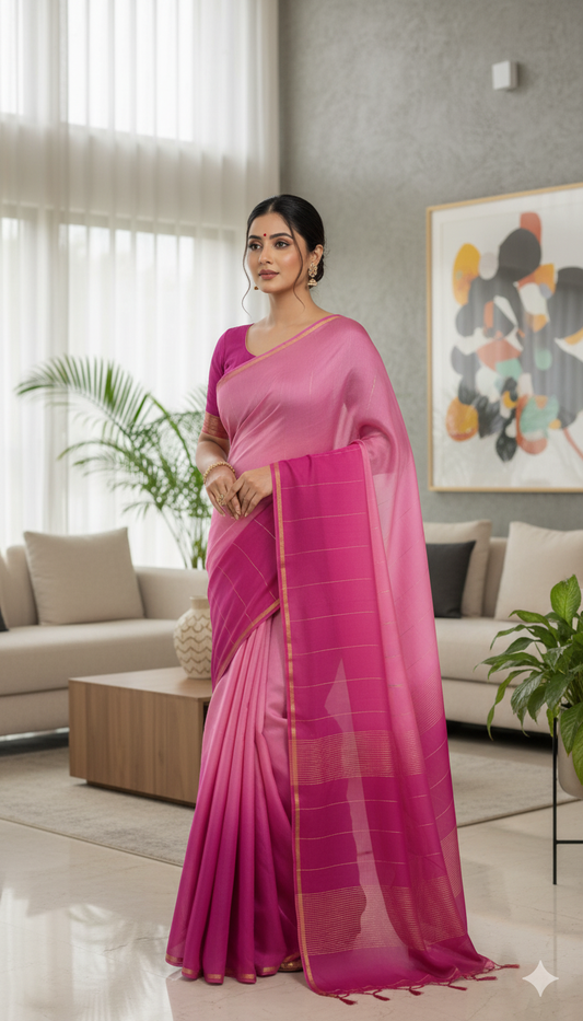 Elegant Double Shaded Pink Pure Silk Saree with Golden Border