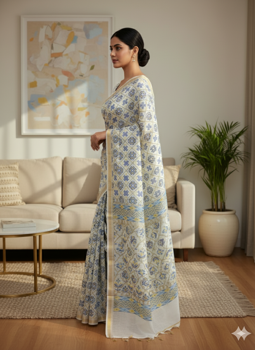 Elegant Blue & White Patola Printed Pure Silk Saree