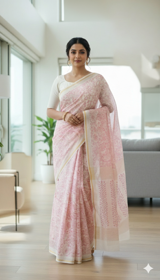 Soft Pink Floral Printed Pure Silk Saree