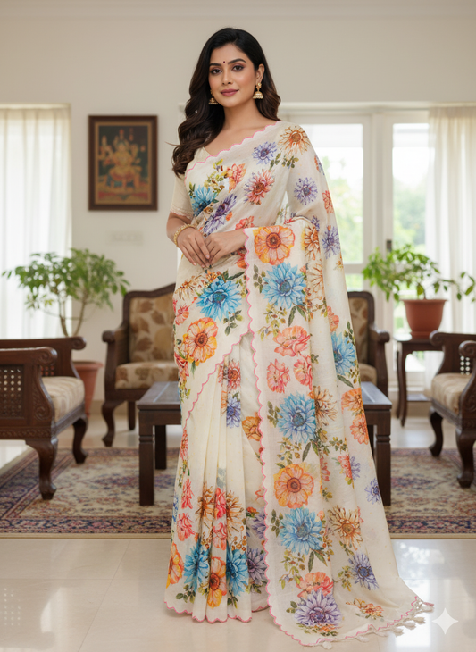 Handloom tussar silk saree with floral digital print and arco border all over saree