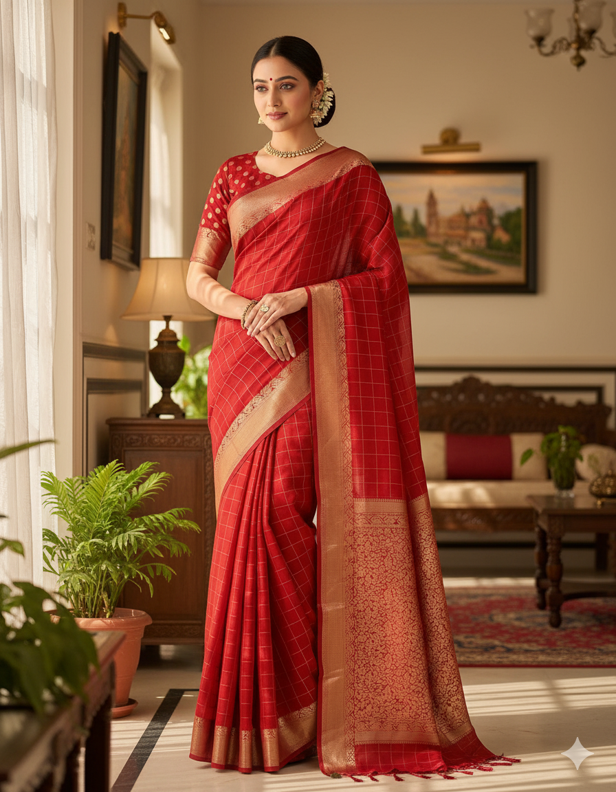 Elegant Red Checkered Saree with Golden Border
