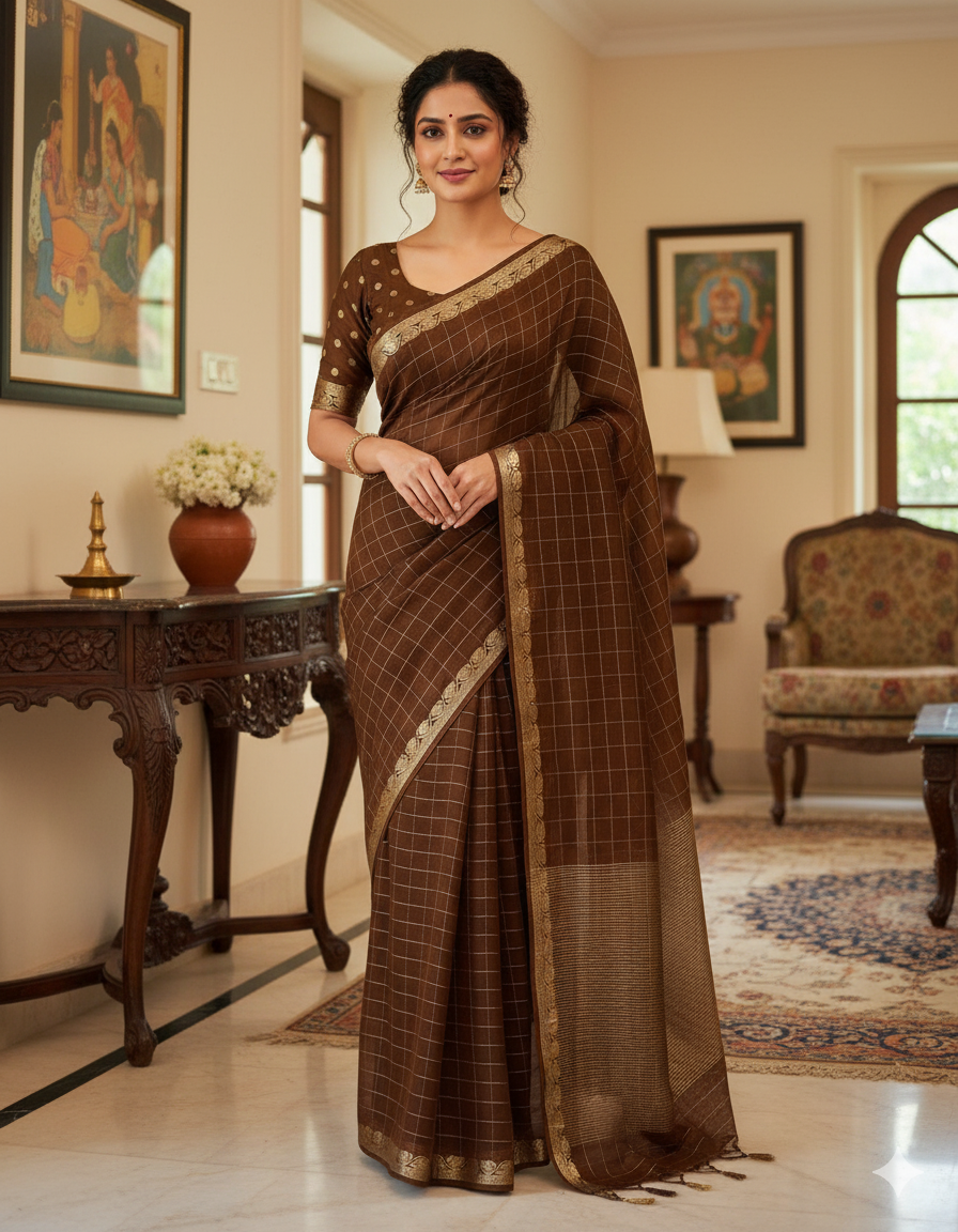 Classic Brown Saree with Golden Border
