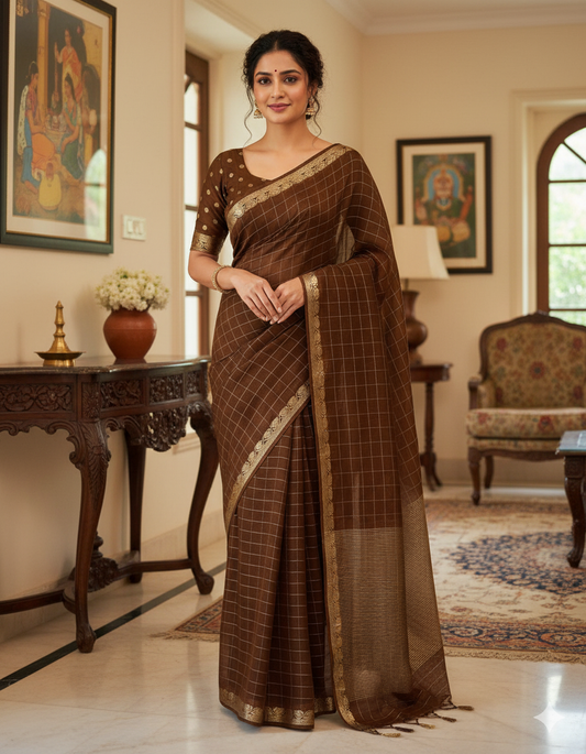 Classic Brown Saree with Golden Border