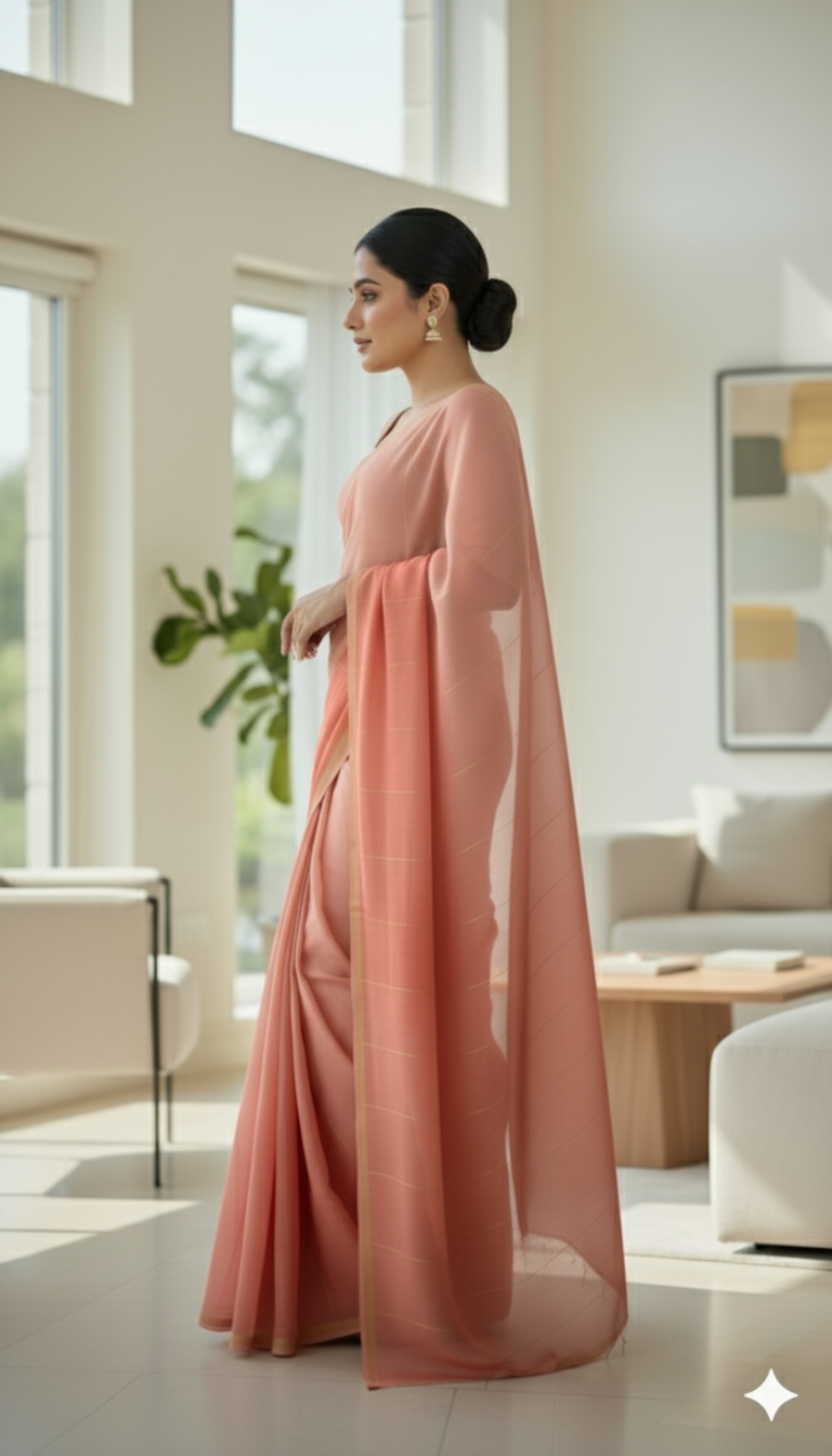 Graceful Peach Pure Silk Saree with Subtle Golden Border
