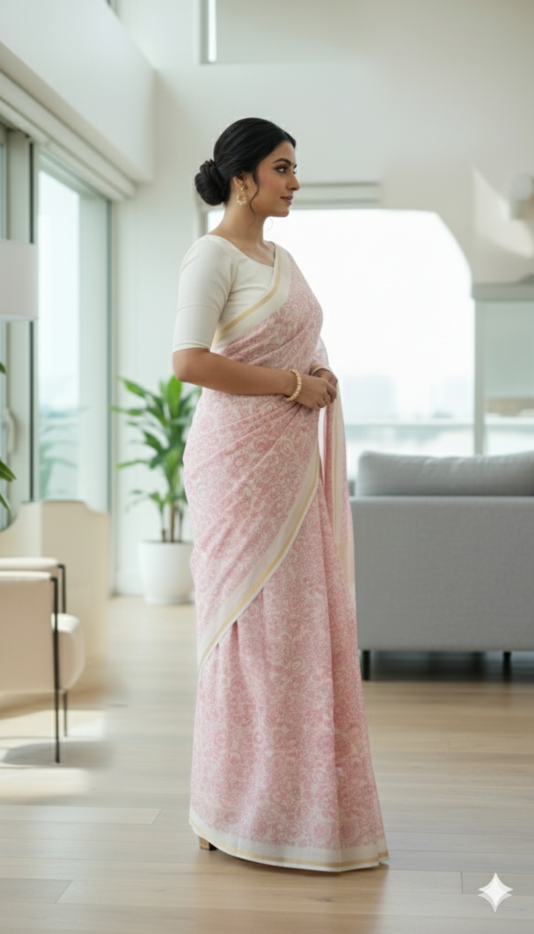 Soft Pink Floral Printed Pure Silk Saree