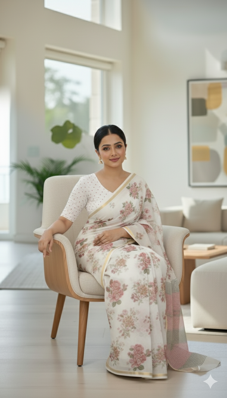 Light-Weight Floral Printed Silk Saree – Cream with Pink Rose Motifs