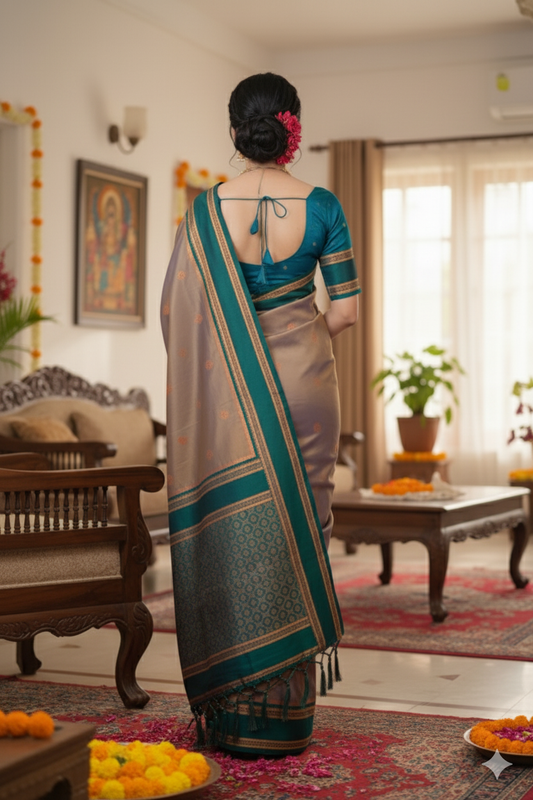 Experience the beauty of Pure Banarasi Silk Paithni Sarees designed for elegance and grace. The soft silk fabric with intricate Golden Banarasi zari weaving