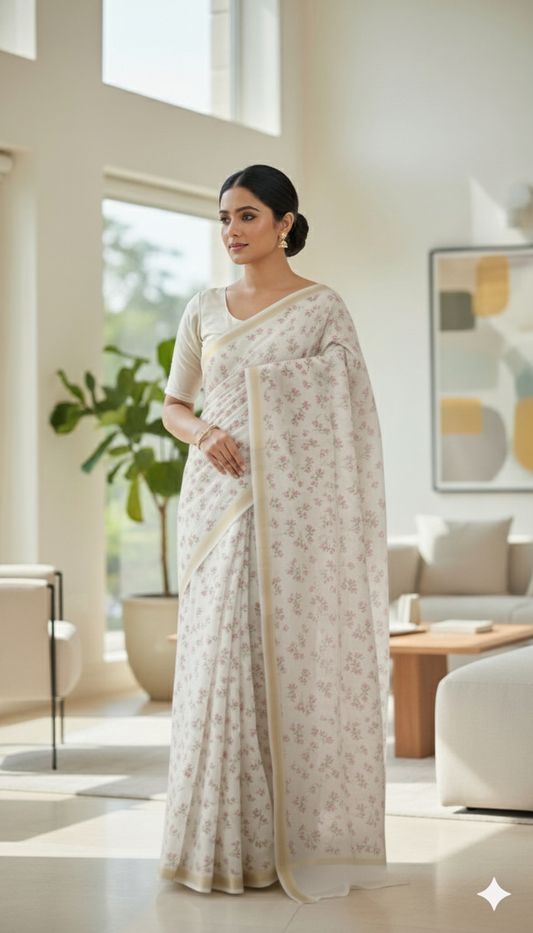 Soft Pink Floral Printed Pure Silk Saree