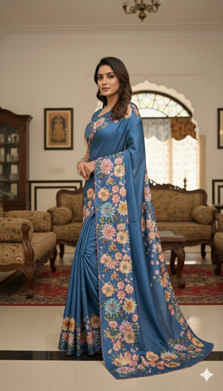 Handloom tussar silk saree with floral digital print and arco border all over saree