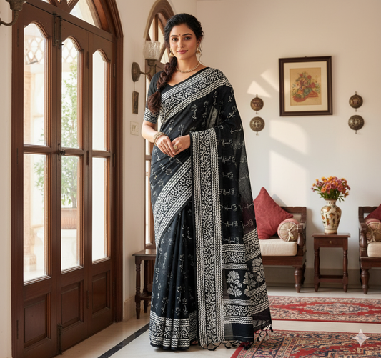 The black colour very smooth and light weight, with super hit  kalamkari,Flower, And Batik design all over saree