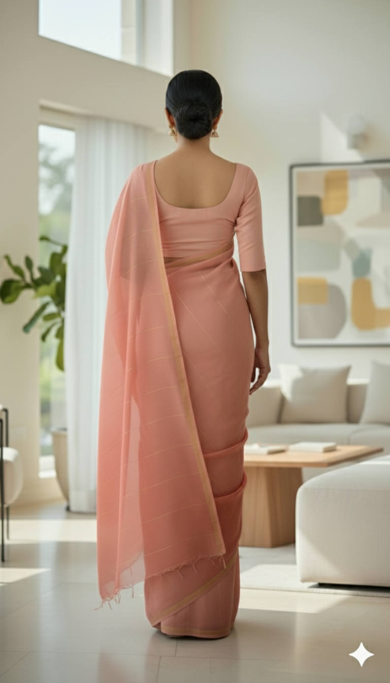 Graceful Peach Pure Silk Saree with Subtle Golden Border