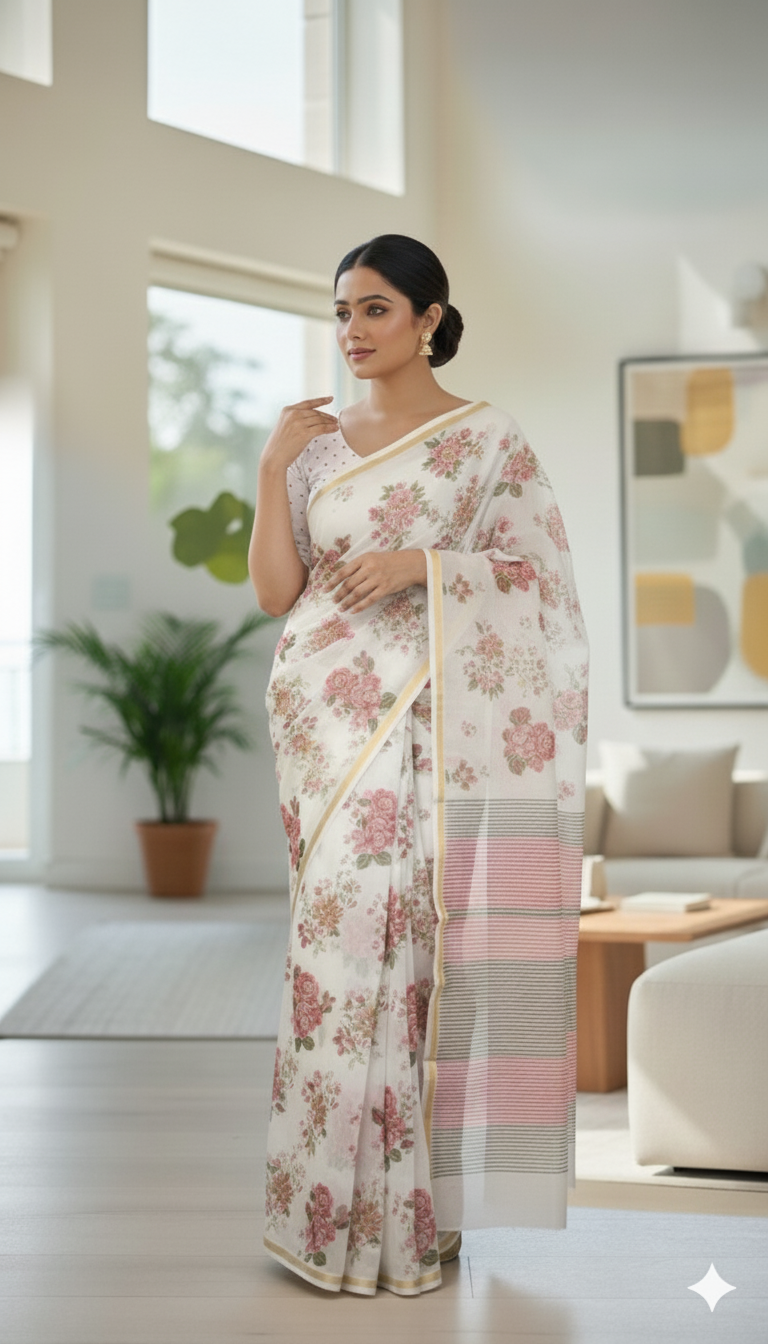 Light-Weight Floral Printed Silk Saree – Cream with Pink Rose Motifs