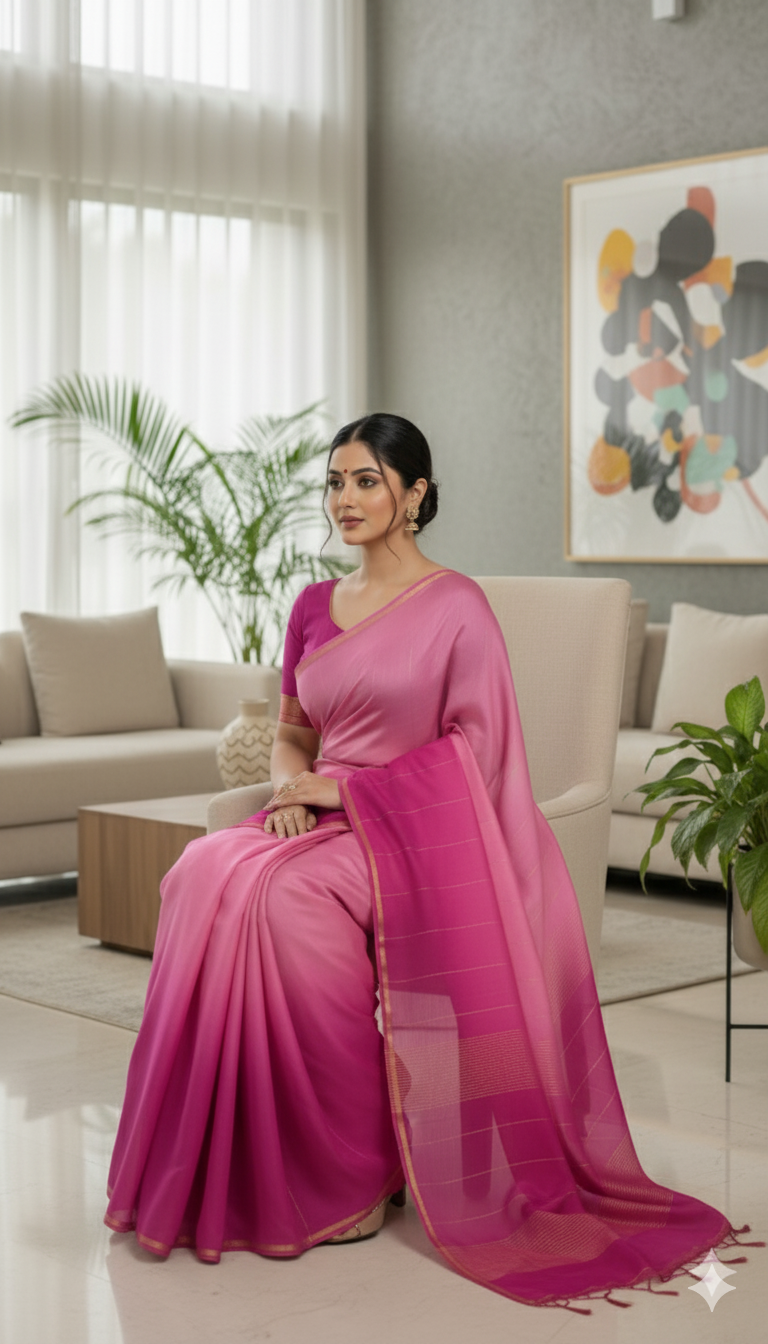 Elegant Double Shaded Pink Pure Silk Saree with Golden Border