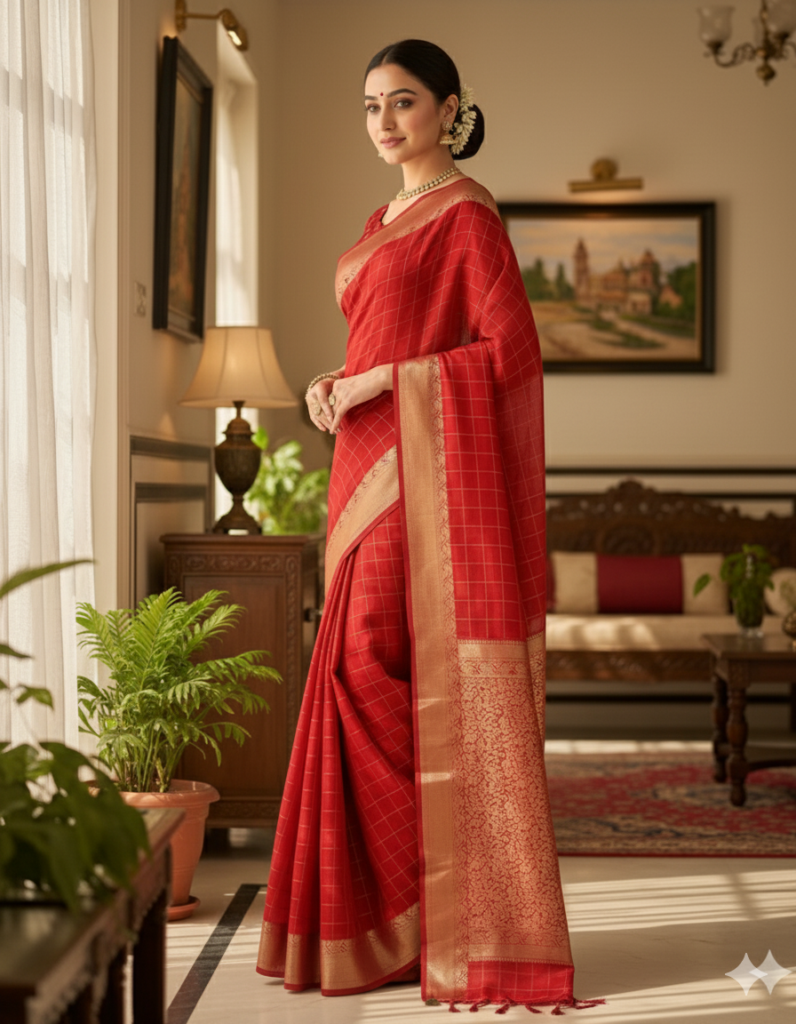 Elegant Red Checkered Saree with Golden Border