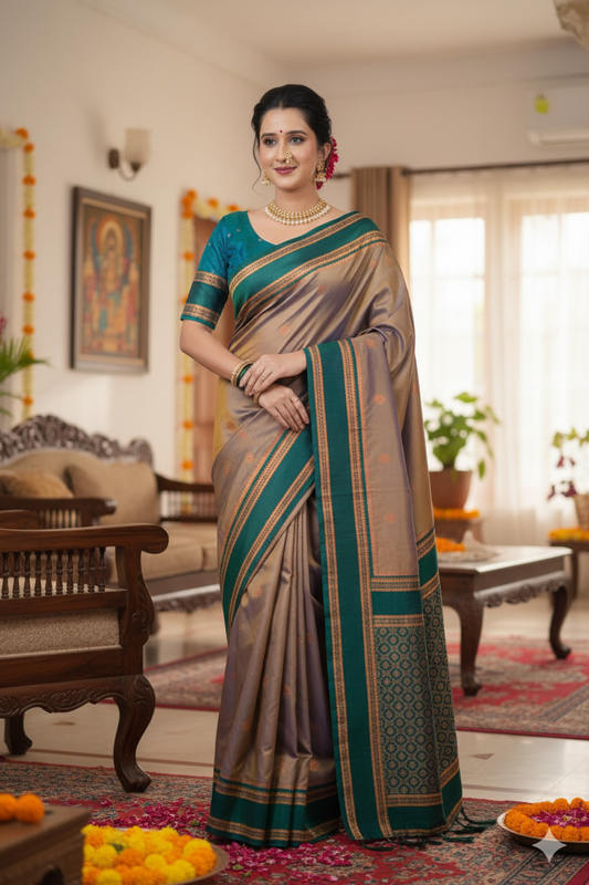 Experience the beauty of Pure Banarasi Silk Paithni Sarees designed for elegance and grace. The soft silk fabric with intricate Golden Banarasi zari weaving