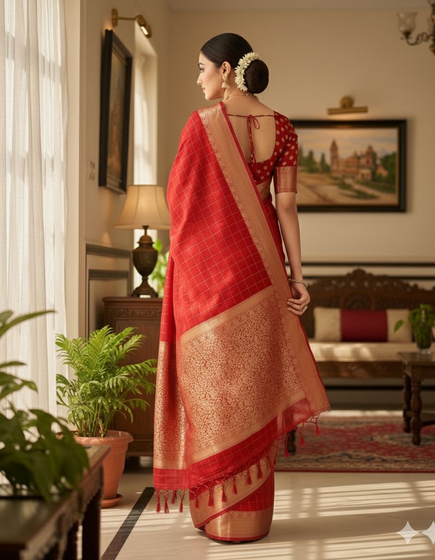 Elegant Red Checkered Saree with Golden Border