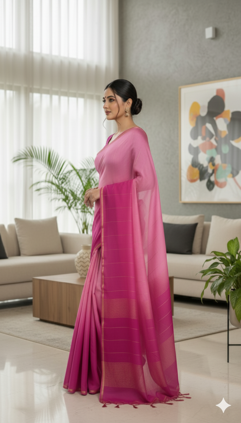 Elegant Double Shaded Pink Pure Silk Saree with Golden Border