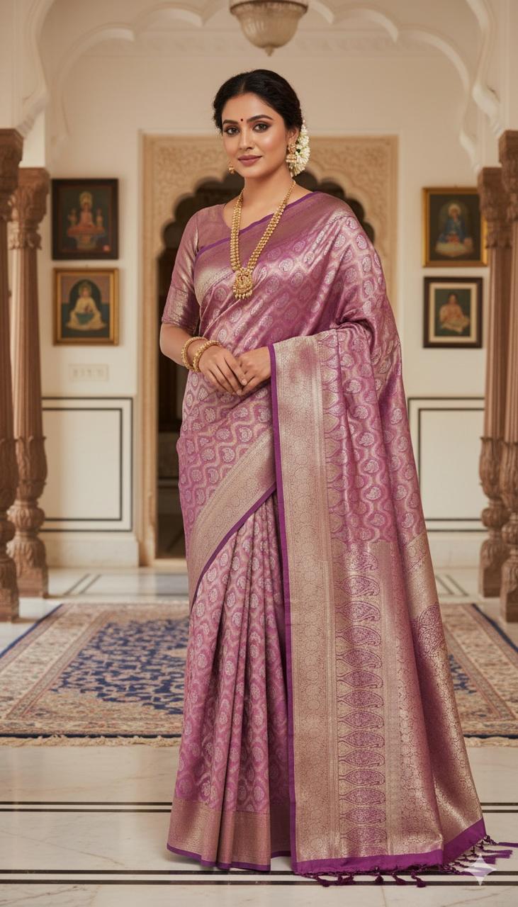 Elegant Lavender Kanjivaram Saree with Golden Zari Weave