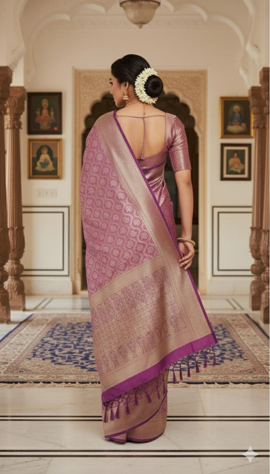Elegant Lavender Kanjivaram Saree with Golden Zari Weave