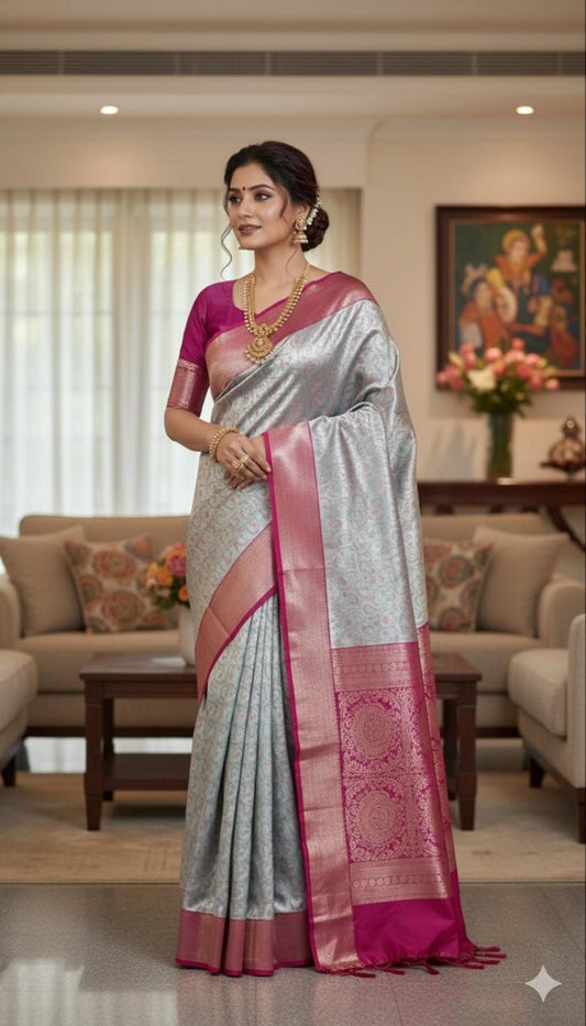 Silver Grey & Pink Kanjivaram Saree with Rich Zari Border