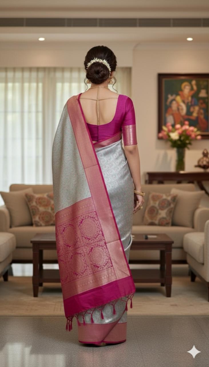Silver Grey & Pink Kanjivaram Saree with Rich Zari Border
