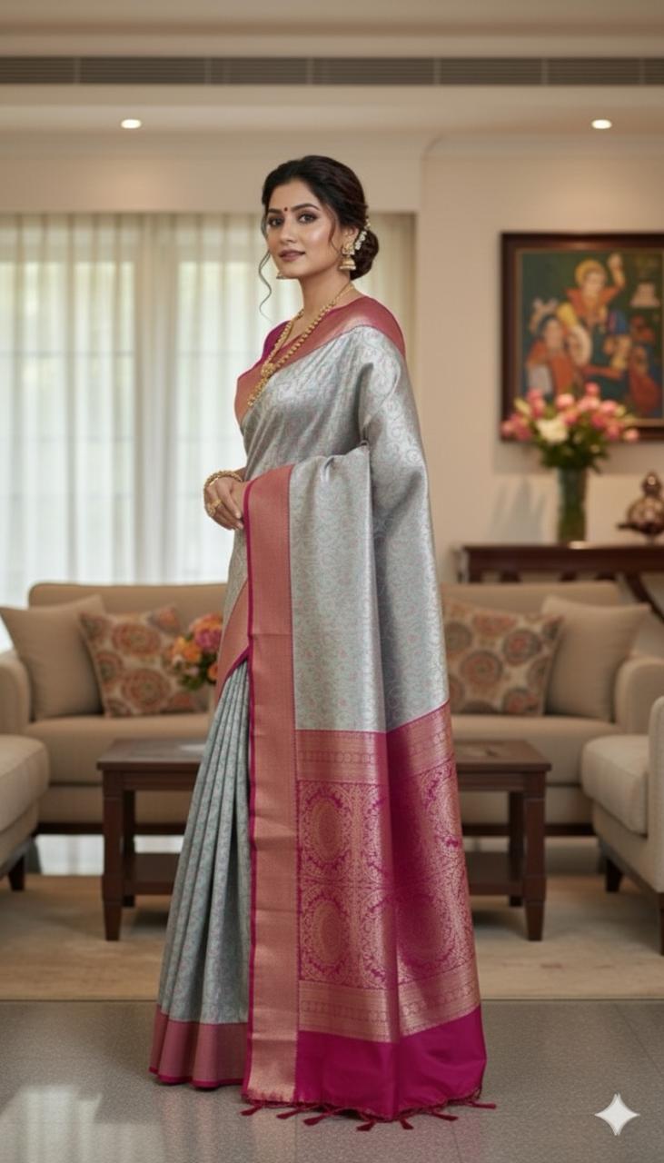 Silver Grey & Pink Kanjivaram Saree with Rich Zari Border