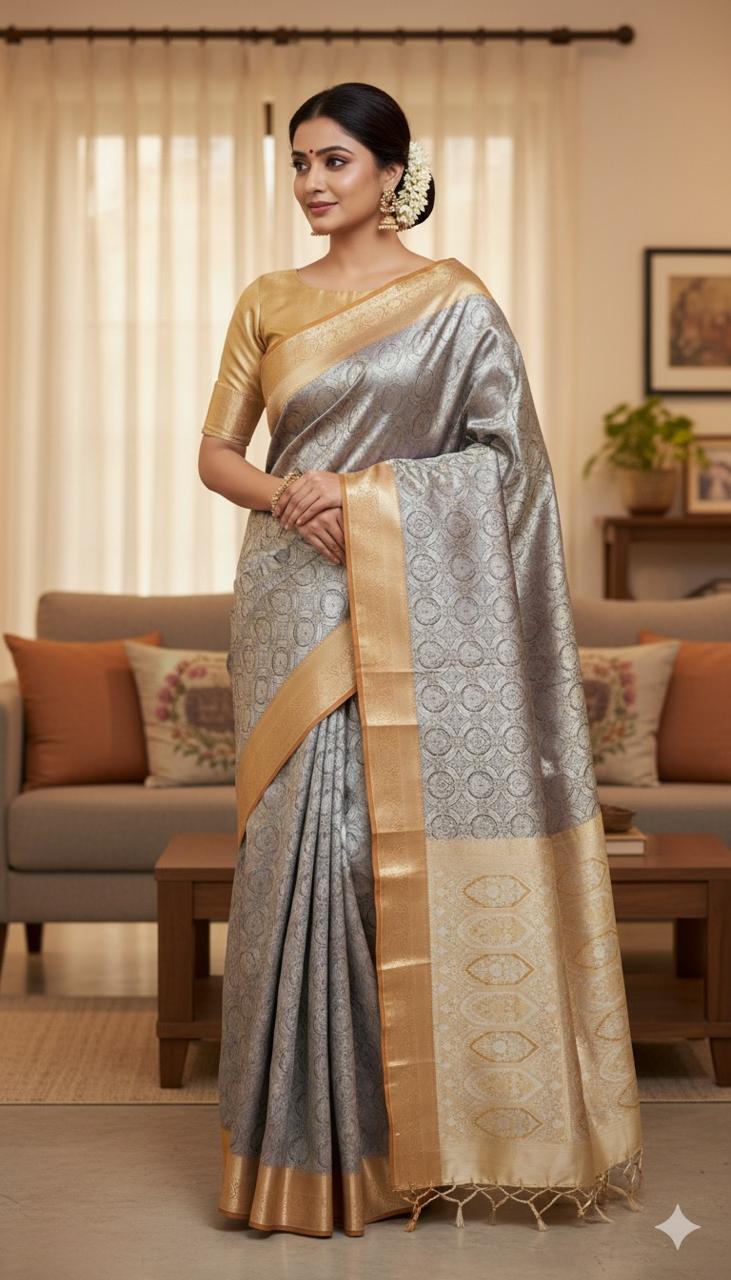 Classic Grey & Gold Kanjivaram Saree with Traditional Zari Border