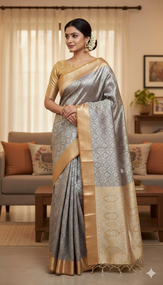 Classic Grey & Gold Kanjivaram Saree with Traditional Zari Border