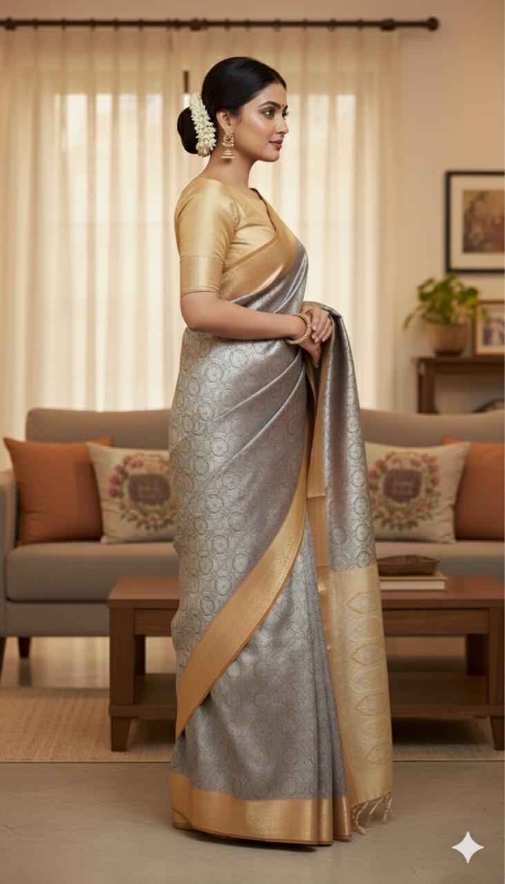 Classic Grey & Gold Kanjivaram Saree with Traditional Zari Border