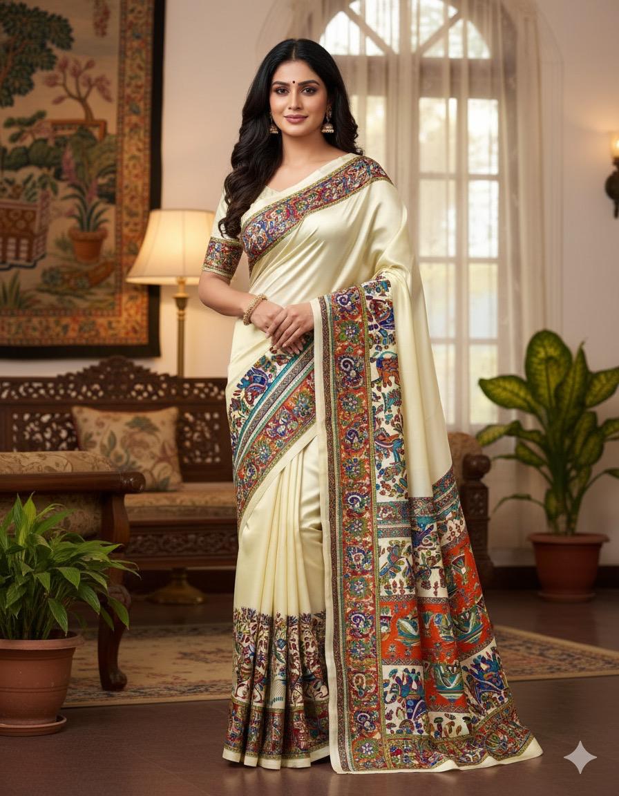 Elegant Cream Saree with Intricate Kalamkari Border