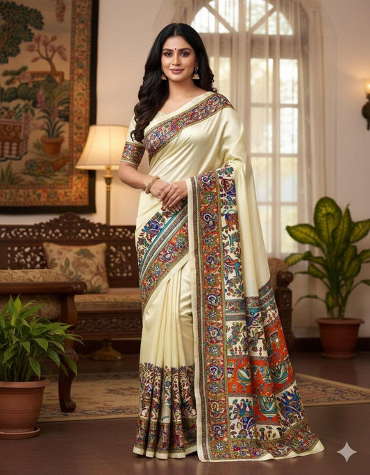 Elegant Cream Saree with Intricate Kalamkari Border
