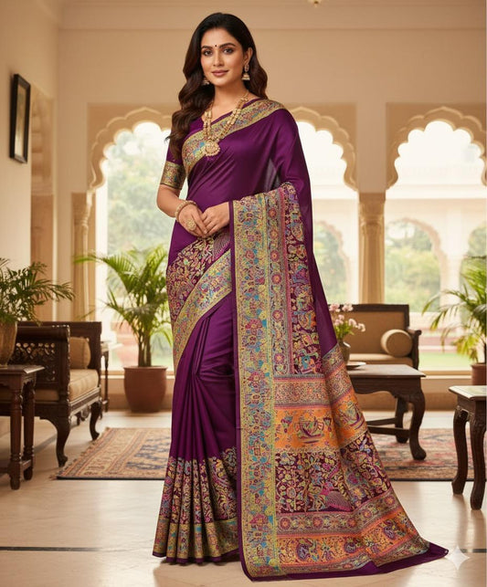 Royal Purple Saree with Exquisite Kalamkari Border